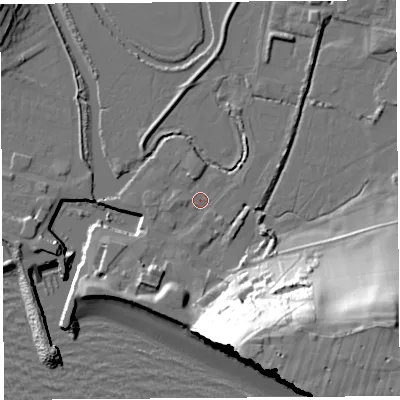 Shaded relief map of the ground around DT64EL, computed from Environment Agency LiDAR. The ground here sits at about 3 m above sea level and falls 52 m across the surrounding 800 m. Surface water reaching this point runs off ground lying to the south-south-east, 48.2 m higher.