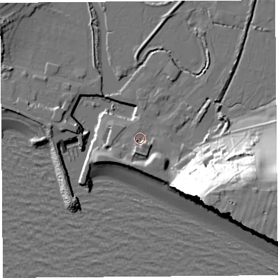 Shaded relief map of the ground around DT64EN, computed from Environment Agency LiDAR. The ground here sits at about 4 m above sea level and falls 52 m across the surrounding 800 m. Surface water reaching this point runs off ground lying to the south-south-west, 4.3 m higher.