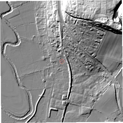 Shaded relief map of the ground around DT64EQ, computed from Environment Agency LiDAR. The ground here sits at about 5 m above sea level and falls 52 m across the surrounding 800 m. Surface water reaching this point runs off ground lying to the north-north-east, 17.1 m higher.