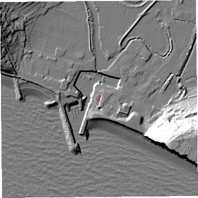 Shaded relief map of the ground around DT64ER, computed from Environment Agency LiDAR. The ground here sits at about 4 m above sea level and falls 52 m across the surrounding 800 m. Surface water reaching this point runs off ground lying to the south, 3.2 m higher.