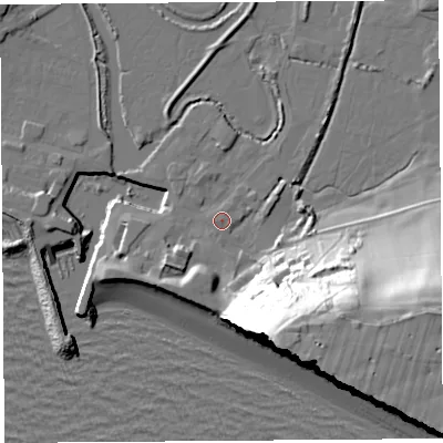 Shaded relief map of the ground around DT64EW, computed from Environment Agency LiDAR. The ground here sits at about 4 m above sea level and falls 52 m across the surrounding 800 m. Surface water reaching this point runs off ground lying to the south-south-east, 47.1 m higher.