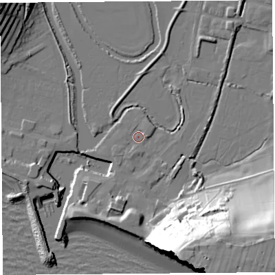 Shaded relief map of the ground around DT64EX, computed from Environment Agency LiDAR. The ground here sits at about 3 m above sea level and falls 52 m across the surrounding 800 m. Surface water reaching this point runs off ground lying to the south, 1.4 m higher.