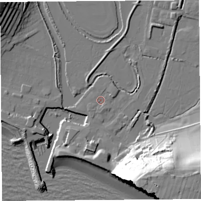 Shaded relief map of the ground around DT64EY, computed from Environment Agency LiDAR. The ground here sits at about 3 m above sea level and falls 52 m across the surrounding 800 m. Surface water reaching this point runs off ground lying to the south-south-east, 1.4 m higher.