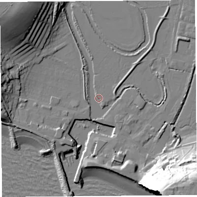 Shaded relief map of the ground around DT64EZ, computed from Environment Agency LiDAR. The ground here sits at about 2 m above sea level and falls 51 m across the surrounding 800 m. Surface water reaching this point runs off ground lying to the south-east, 48.4 m higher.