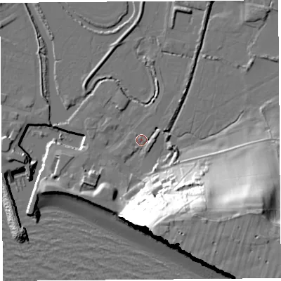 Shaded relief map of the ground around DT64GA, computed from Environment Agency LiDAR. The ground here sits at about 4 m above sea level and falls 52 m across the surrounding 800 m. Surface water reaching this point runs off ground lying to the south, 47.1 m higher.