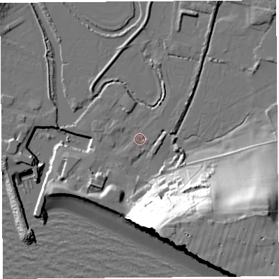 Shaded relief map of the ground around DT64GD, computed from Environment Agency LiDAR. The ground here sits at about 3 m above sea level and falls 52 m across the surrounding 800 m. Surface water reaching this point runs off ground lying to the south-south-east, 48.2 m higher.