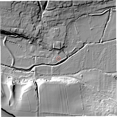 Shaded relief map of the ground around DT64GG, computed from Environment Agency LiDAR. The ground here sits at about 7 m above sea level and falls 34 m across the surrounding 800 m. Surface water reaching this point runs off ground lying to the east, 0.9 m higher.