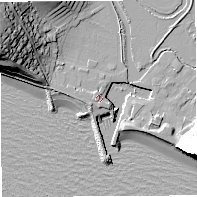 Shaded relief map of the ground around DT64GX, computed from Environment Agency LiDAR. The ground here sits at about 6 m above sea level and falls 47 m across the surrounding 800 m. Surface water reaching this point runs off ground lying to the west, 2.9 m higher.