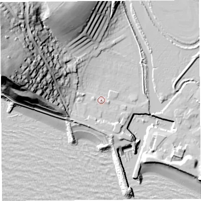 Shaded relief map of the ground around DT64GY, computed from Environment Agency LiDAR. The ground here sits at about 4 m above sea level and falls 51 m across the surrounding 800 m. Surface water reaching this point runs off ground lying to the south-west, 3.2 m higher.