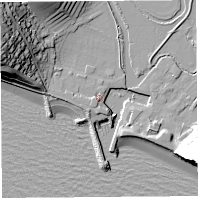 Shaded relief map of the ground around DT64GZ, computed from Environment Agency LiDAR. The ground here sits at about 4 m above sea level and falls 50 m across the surrounding 800 m. Surface water reaching this point runs off ground lying to the west, 7.7 m higher.
