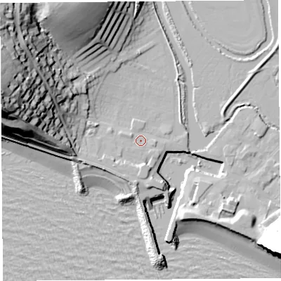 Shaded relief map of the ground around DT64HD, computed from Environment Agency LiDAR. The ground here sits at about 3 m above sea level and falls 43 m across the surrounding 800 m. Surface water reaching this point runs off ground lying to the south-west, 3.3 m higher.