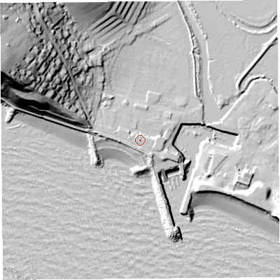 Shaded relief map of the ground around DT64HE, computed from Environment Agency LiDAR. The ground here sits at about 5 m above sea level and falls 49 m across the surrounding 800 m. Surface water reaching this point runs off ground lying to the west, 1.4 m higher.