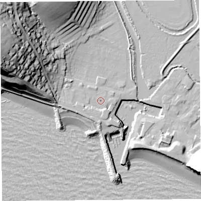 Shaded relief map of the ground around DT64HF, computed from Environment Agency LiDAR. The ground here sits at about 4 m above sea level and falls 45 m across the surrounding 800 m. Surface water reaching this point runs off ground lying to the south-south-east, 3.3 m higher.