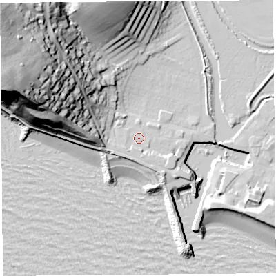 Shaded relief map of the ground around DT64HG, computed from Environment Agency LiDAR. The ground here sits at about 4 m above sea level and falls 55 m across the surrounding 800 m. Surface water reaching this point runs off ground lying to the south-west, 2.2 m higher.