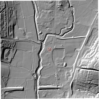 Shaded relief map of the ground around DT64JA, computed from Environment Agency LiDAR. The ground here sits at about 5 m above sea level and falls 28 m across the surrounding 800 m. Surface water reaching this point runs off ground lying to the north-east, 1.1 m higher.