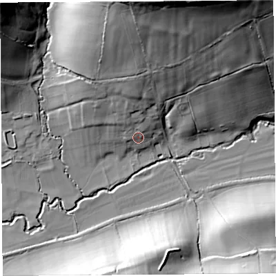 Shaded relief map of the ground around DT64ND, computed from Environment Agency LiDAR. The ground here sits at about 19 m above sea level and falls 51 m across the surrounding 800 m. Surface water reaching this point runs off ground lying to the north, 13.4 m higher.