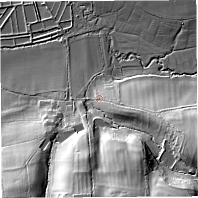 Shaded relief map of the ground around DT64NE, computed from Environment Agency LiDAR. The ground here sits at about 33 m above sea level and falls 45 m across the surrounding 800 m. Surface water reaching this point runs off ground lying to the east-south-east, 9.6 m higher.