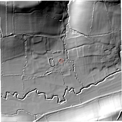 Shaded relief map of the ground around DT64NG, computed from Environment Agency LiDAR. The ground here sits at about 17 m above sea level and falls 49 m across the surrounding 800 m. Surface water reaching this point runs off ground lying to the north, 1.4 m higher.