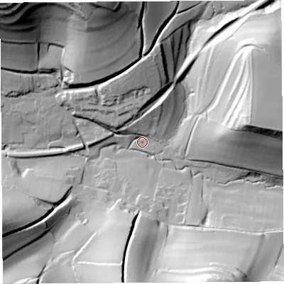 Shaded relief map of the ground around DT64NN, computed from Environment Agency LiDAR. The ground here sits at about 25 m above sea level and falls 81 m across the surrounding 800 m. Surface water reaching this point runs off ground lying to the south-south-east, 61.5 m higher.