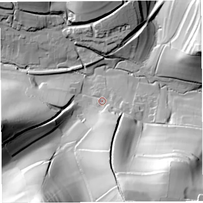 Shaded relief map of the ground around DT64NW, computed from Environment Agency LiDAR. The ground here sits at about 30 m above sea level and falls 77 m across the surrounding 800 m. Surface water reaching this point runs off ground lying to the south-south-east, 26.7 m higher.