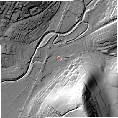 Shaded relief map of the ground around DT64NX, computed from Environment Agency LiDAR. The ground here sits at about 8 m above sea level and falls 80 m across the surrounding 800 m. Surface water reaching this point runs off ground lying to the south-south-east, 68.9 m higher.