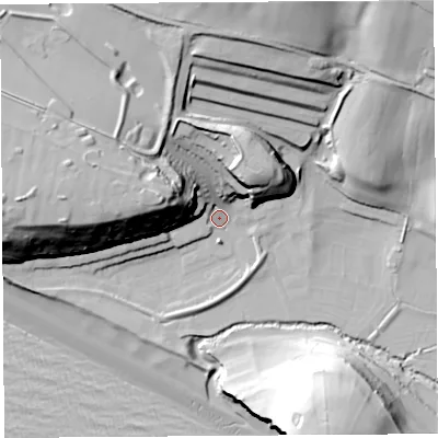 Shaded relief map of the ground around DT64PT, computed from Environment Agency LiDAR. The ground here sits at about 6 m above sea level and falls 55 m across the surrounding 800 m. Surface water reaching this point runs off ground lying to the west, 36.6 m higher.