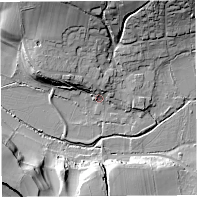 Shaded relief map of the ground around DT64QA, computed from Environment Agency LiDAR. The ground here sits at about 8 m above sea level and falls 37 m across the surrounding 800 m. Surface water reaching this point runs off ground lying to the north-north-west, 27.1 m higher.