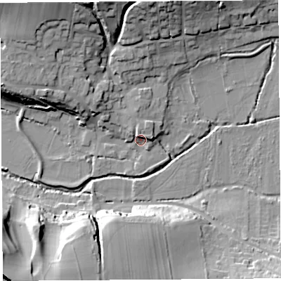 Shaded relief map of the ground around DT64QY, computed from Environment Agency LiDAR. The ground here sits at about 8 m above sea level and falls 31 m across the surrounding 800 m. Surface water reaching this point runs off ground lying to the north-north-west, 5.1 m higher.