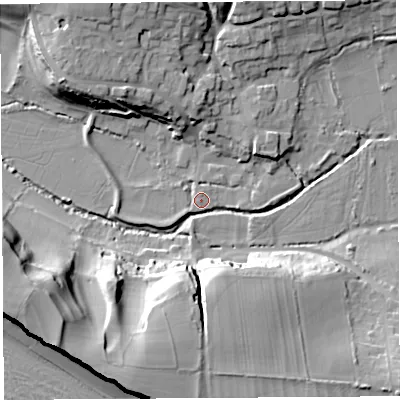 Shaded relief map of the ground around DT64RA, computed from Environment Agency LiDAR. The ground here sits at about 6 m above sea level and falls 37 m across the surrounding 800 m. Surface water reaching this point runs off ground lying to the south-west, 2.1 m higher.