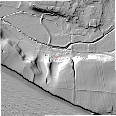 Shaded relief map of the ground around DT64RD, computed from Environment Agency LiDAR. The ground here sits at about 8 m above sea level and falls 41 m across the surrounding 800 m. Surface water reaching this point runs off ground lying to the south-south-west, 24.9 m higher.