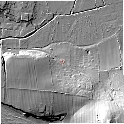 Shaded relief map of the ground around DT64RE, computed from Environment Agency LiDAR. The ground here sits at about 11 m above sea level and falls 54 m across the surrounding 800 m. Surface water reaching this point runs off ground lying to the south-west, 10.8 m higher.