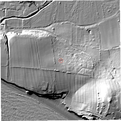 Shaded relief map of the ground around DT64RF, computed from Environment Agency LiDAR. The ground here sits at about 17 m above sea level and falls 54 m across the surrounding 800 m. Surface water reaching this point runs off ground lying to the south-east, 4.6 m higher.
