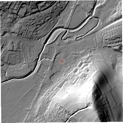 Shaded relief map of the ground around DT64RZ, computed from Environment Agency LiDAR. The ground here sits at about 8 m above sea level and falls 80 m across the surrounding 800 m. Surface water reaching this point runs off ground lying to the south-east, 69.0 m higher.