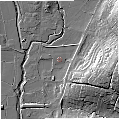 Shaded relief map of the ground around DT64SB, computed from Environment Agency LiDAR. The ground here sits at about 6 m above sea level and falls 39 m across the surrounding 800 m. Surface water reaching this point runs off ground lying to the north-north-east, 0.8 m higher.