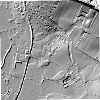 Shaded relief map of the ground around DT64SN, computed from Environment Agency LiDAR. The ground here sits at about 6 m above sea level and falls 60 m across the surrounding 800 m. Surface water reaching this point runs off ground lying to the east-north-east, 9.0 m higher.