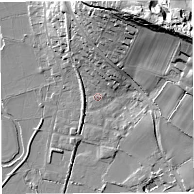 Shaded relief map of the ground around DT64SQ, computed from Environment Agency LiDAR. The ground here sits at about 6 m above sea level and falls 57 m across the surrounding 800 m. Surface water reaching this point runs off ground lying to the north-north-east, 14.4 m higher.