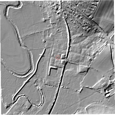 Shaded relief map of the ground around DT64SU, computed from Environment Agency LiDAR. The ground here sits at about 3 m above sea level and falls 39 m across the surrounding 800 m. Surface water reaching this point runs off ground lying to the east, 2.2 m higher.