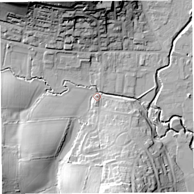 Shaded relief map of the ground around DT65AB, computed from Environment Agency LiDAR. The ground here sits at about 9 m above sea level and falls 36 m across the surrounding 800 m. Surface water reaching this point runs off ground lying to the north-north-west, 34.3 m higher.