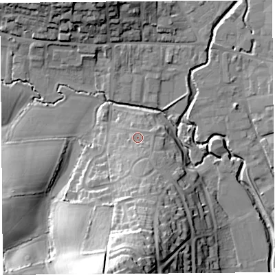 Shaded relief map of the ground around DT65AG, computed from Environment Agency LiDAR. The ground here sits at about 12 m above sea level and falls 40 m across the surrounding 800 m. Surface water reaching this point runs off ground lying to the south, 15.3 m higher.
