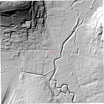 Shaded relief map of the ground around DT65BJ, computed from Environment Agency LiDAR. The ground here sits at about 8 m above sea level and falls 80 m across the surrounding 800 m. Surface water reaching this point runs off ground lying to the north-west, 73.9 m higher.