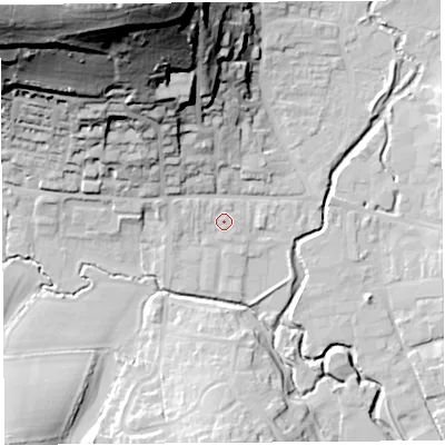 Shaded relief map of the ground around DT65BL, computed from Environment Agency LiDAR. The ground here sits at about 8 m above sea level and falls 76 m across the surrounding 800 m. Surface water reaching this point runs off ground lying to the north-north-west, 1.0 m higher.