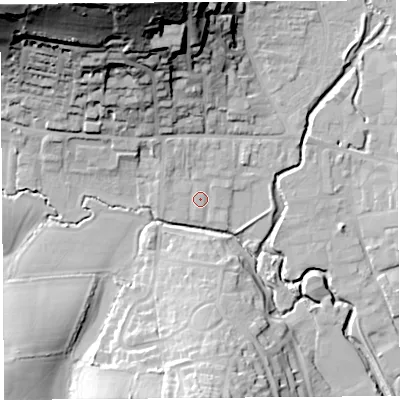 Shaded relief map of the ground around DT65BU, computed from Environment Agency LiDAR. The ground here sits at about 8 m above sea level and falls 53 m across the surrounding 800 m. Surface water reaching this point runs off ground lying to the north-north-west, 2.5 m higher.