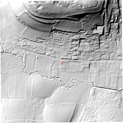 Shaded relief map of the ground around DT65BW, computed from Environment Agency LiDAR. The ground here sits at about 11 m above sea level and falls 81 m across the surrounding 800 m. Surface water reaching this point runs off ground lying to the north, 74.0 m higher.