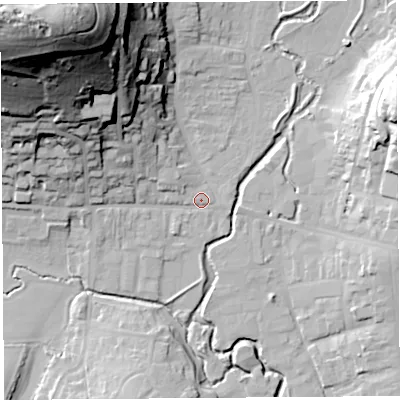Shaded relief map of the ground around DT65BX, computed from Environment Agency LiDAR. The ground here sits at about 8 m above sea level and falls 80 m across the surrounding 800 m. Surface water reaching this point runs off ground lying to the north-west, 73.9 m higher.