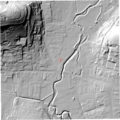 Shaded relief map of the ground around DT65DG, computed from Environment Agency LiDAR. The ground here sits at about 8 m above sea level and falls 78 m across the surrounding 800 m. Surface water reaching this point runs off ground lying to the north-north-west, 0.8 m higher.
