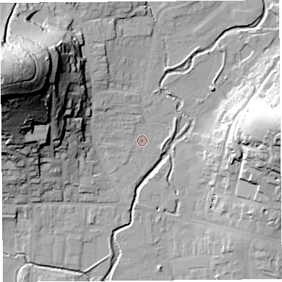 Shaded relief map of the ground around DT65DQ, computed from Environment Agency LiDAR. The ground here sits at about 8 m above sea level and falls 76 m across the surrounding 800 m. Surface water reaching this point runs off ground lying to the west-north-west, 72.2 m higher.