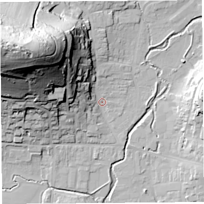 Shaded relief map of the ground around DT65DY, computed from Environment Agency LiDAR. The ground here sits at about 9 m above sea level and falls 79 m across the surrounding 800 m. Surface water reaching this point runs off ground lying to the north-west, 63.2 m higher.