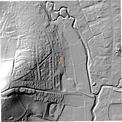 Shaded relief map of the ground around DT65EG, computed from Environment Agency LiDAR. The ground here sits at about 9 m above sea level and falls 51 m across the surrounding 800 m. Surface water reaching this point runs off ground lying to the west, 17.0 m higher.
