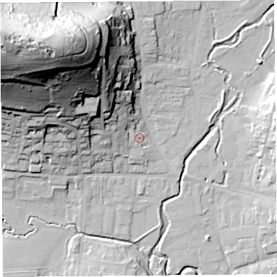 Shaded relief map of the ground around DT65FD, computed from Environment Agency LiDAR. The ground here sits at about 10 m above sea level and falls 81 m across the surrounding 800 m. Surface water reaching this point runs off ground lying to the north-west, 20.9 m higher.