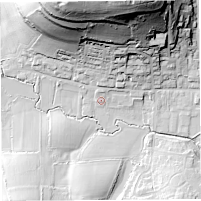 Shaded relief map of the ground around DT65FL, computed from Environment Agency LiDAR. The ground here sits at about 10 m above sea level and falls 76 m across the surrounding 800 m. Surface water reaching this point runs off ground lying to the north-north-east, 3.1 m higher.